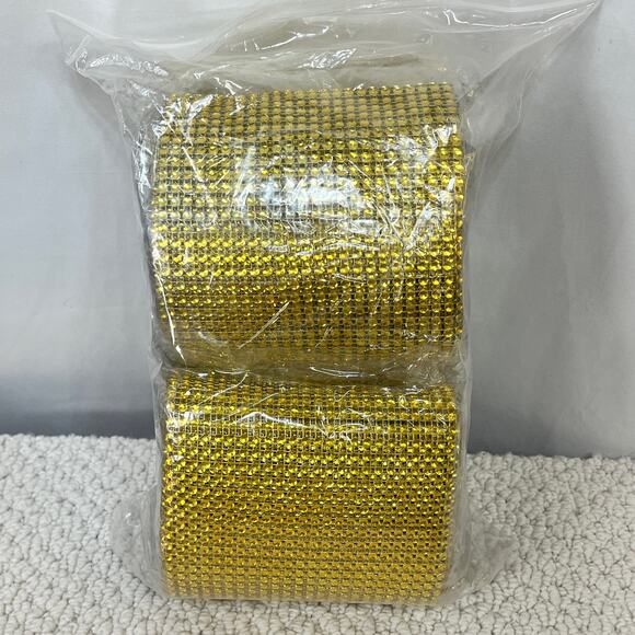 Gold Bling Rhinestone Diamond Mesh Ribbon Wrap Acrylic 2 Rolls/20 Yds Total Mums - Picture 2 of 7
